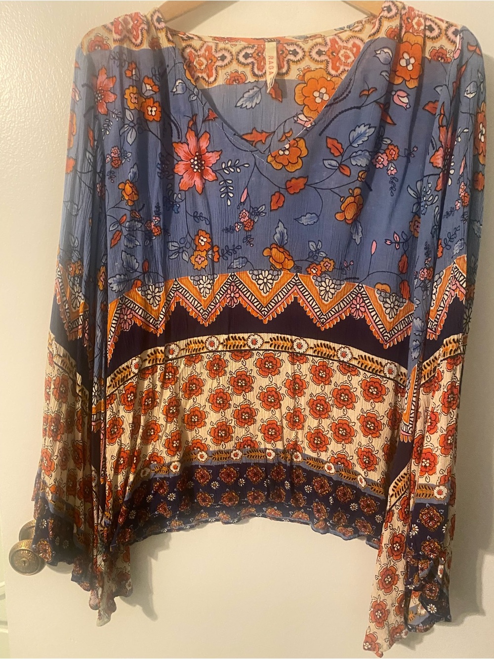 RAGA Blue and Orange Floral Boho Peasant Blouse